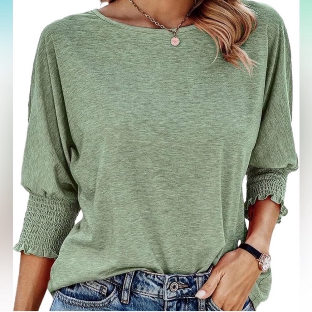 New! Green Spring Fashion Top 3/4 Sleeve T-Shirts Crewneck Basic Business Tees